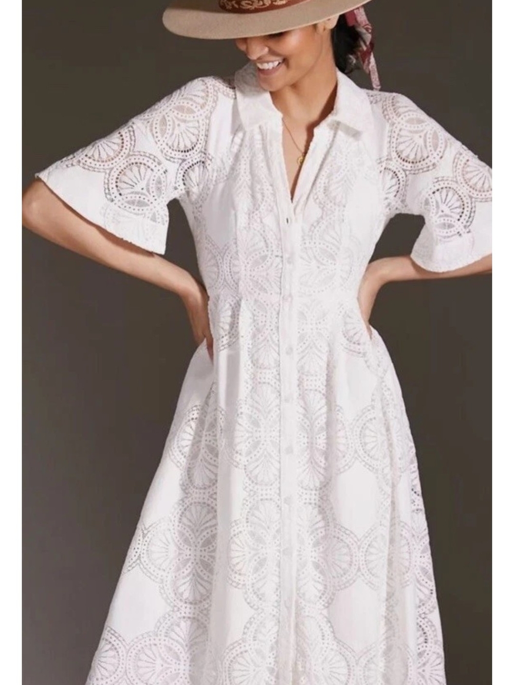 Maeve White Eyelet Midi Shirt Dress